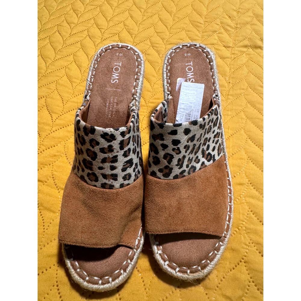 TOMS Monica Mule Espadrille Wedges Brown Suede Leopard Print Sandals Womens 8